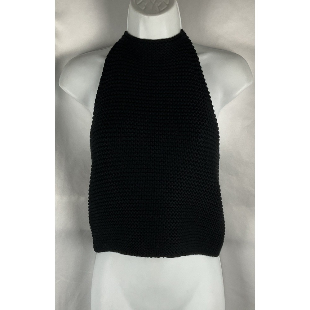525 America Women's Small Black Knit High Neck Halter Top Tassel Tie Shirt NWT